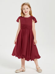 Robes de Demoiselle d'Honneur Junior en Mousseline à Longueur de Mollet Bordeaux