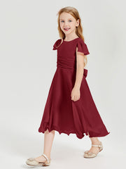 Robes de Demoiselle d'Honneur Junior en Mousseline à Longueur de Mollet Bordeaux