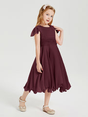 Robes de Demoiselle d'Honneur Junior en Mousseline à Longueur de Mollet Cabernet