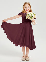 Robes de Demoiselle d'Honneur Junior en Mousseline à Longueur de Mollet Cabernet