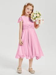 Robes de Demoiselle d'Honneur Junior en Mousseline à Longueur de Mollet Rose Bonbon