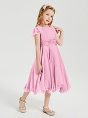 Robes de Demoiselle d'Honneur Junior en Mousseline à Longueur de Mollet Rose Bonbon