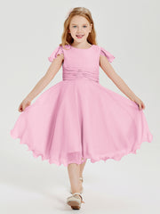Robes de Demoiselle d'Honneur Junior en Mousseline à Longueur de Mollet Rose Bonbon