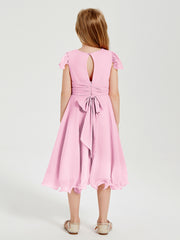 Robes de Demoiselle d'Honneur Junior en Mousseline à Longueur de Mollet Rose Bonbon