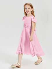 Robes de Demoiselle d'Honneur Junior en Mousseline à Longueur de Mollet Rose Bonbon