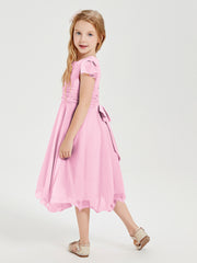 Robes de Demoiselle d'Honneur Junior en Mousseline à Longueur de Mollet Rose Bonbon