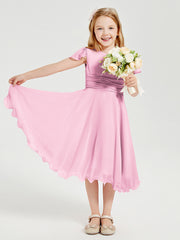 Robes de Demoiselle d'Honneur Junior en Mousseline à Longueur de Mollet Rose Bonbon
