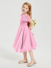 Robes de Demoiselle d'Honneur Junior en Mousseline à Longueur de Mollet Rose Bonbon
