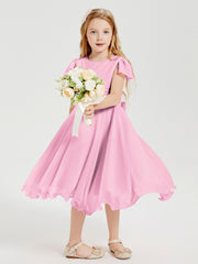Robes de Demoiselle d'Honneur Junior en Mousseline à Longueur de Mollet Rose Bonbon