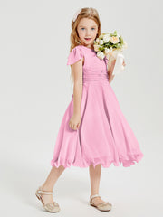 Robes de Demoiselle d'Honneur Junior en Mousseline à Longueur de Mollet Rose Bonbon
