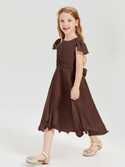 Robes de Demoiselle d'Honneur Junior en Mousseline à Longueur de Mollet Chocolat