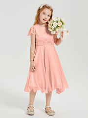 Robes de Demoiselle d'Honneur Junior en Mousseline à Longueur de Mollet Corail