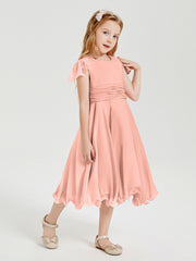Robes de Demoiselle d'Honneur Junior en Mousseline à Longueur de Mollet Corail