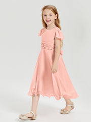 Robes de Demoiselle d'Honneur Junior en Mousseline à Longueur de Mollet Corail