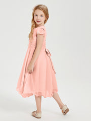 Robes de Demoiselle d'Honneur Junior en Mousseline à Longueur de Mollet Corail