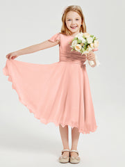Robes de Demoiselle d'Honneur Junior en Mousseline à Longueur de Mollet Corail