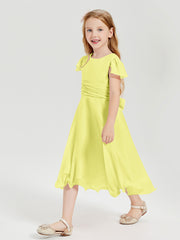Robes de Demoiselle d'Honneur Junior en Mousseline à Longueur de Mollet Jonquille