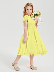 Robes de Demoiselle d'Honneur Junior en Mousseline à Longueur de Mollet Jonquille