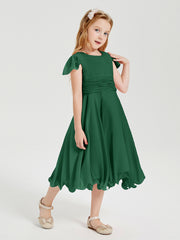 Robes de Demoiselle d'Honneur Junior en Mousseline à Longueur de Mollet Vert Foncé
