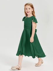 Robes de Demoiselle d'Honneur Junior en Mousseline à Longueur de Mollet Vert Foncé
