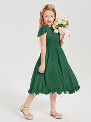 Robes de Demoiselle d'Honneur Junior en Mousseline à Longueur de Mollet Vert Foncé