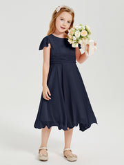 Robes de Demoiselle d'Honneur Junior en Mousseline à Longueur de Mollet Bleu Marine