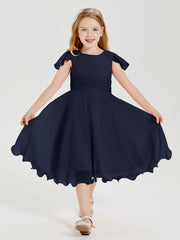 Robes de Demoiselle d'Honneur Junior en Mousseline à Longueur de Mollet Bleu Marine