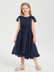 Robes de Demoiselle d'Honneur Junior en Mousseline à Longueur de Mollet Bleu Marine