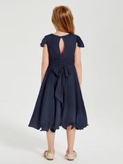 Robes de Demoiselle d'Honneur Junior en Mousseline à Longueur de Mollet Bleu Marine