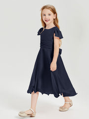 Robes de Demoiselle d'Honneur Junior en Mousseline à Longueur de Mollet Bleu Marine