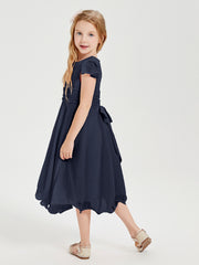 Robes de Demoiselle d'Honneur Junior en Mousseline à Longueur de Mollet Bleu Marine