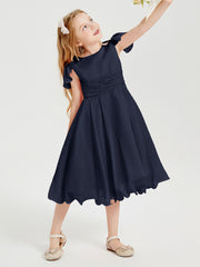 Robes de Demoiselle d'Honneur Junior en Mousseline à Longueur de Mollet Bleu Marine