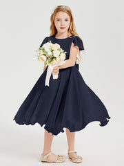Robes de Demoiselle d'Honneur Junior en Mousseline à Longueur de Mollet Bleu Marine