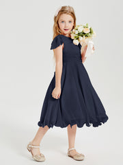 Robes de Demoiselle d'Honneur Junior en Mousseline à Longueur de Mollet Bleu Marine