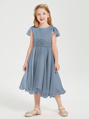Robes de Demoiselle d'Honneur Junior en Mousseline à Longueur de Mollet Bleu Poudré