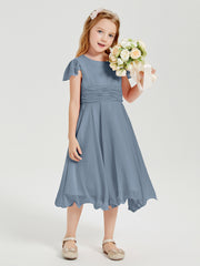 Robes de Demoiselle d'Honneur Junior en Mousseline à Longueur de Mollet Bleu Poudré