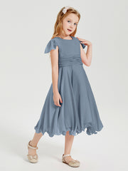 Robes de Demoiselle d'Honneur Junior en Mousseline à Longueur de Mollet Bleu Poudré