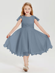 Robes de Demoiselle d'Honneur Junior en Mousseline à Longueur de Mollet Bleu Poudré