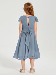 Robes de Demoiselle d'Honneur Junior en Mousseline à Longueur de Mollet Bleu Poudré