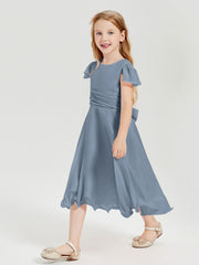 Robes de Demoiselle d'Honneur Junior en Mousseline à Longueur de Mollet Bleu Poudré