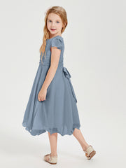 Robes de Demoiselle d'Honneur Junior en Mousseline à Longueur de Mollet Bleu Poudré