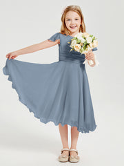 Robes de Demoiselle d'Honneur Junior en Mousseline à Longueur de Mollet Bleu Poudré