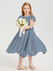 Robes de Demoiselle d'Honneur Junior en Mousseline à Longueur de Mollet Bleu Poudré