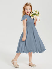 Robes de Demoiselle d'Honneur Junior en Mousseline à Longueur de Mollet Bleu Poudré