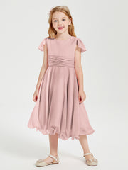 Robes de Demoiselle d'Honneur Junior en Mousseline à Longueur de Mollet Rose Poudré