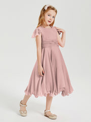 Robes de Demoiselle d'Honneur Junior en Mousseline à Longueur de Mollet Rose Poudré