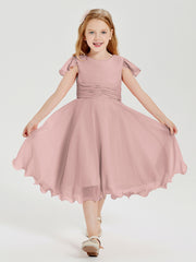 Robes de Demoiselle d'Honneur Junior en Mousseline à Longueur de Mollet Rose Poudré
