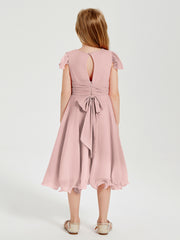 Robes de Demoiselle d'Honneur Junior en Mousseline à Longueur de Mollet Rose Poudré