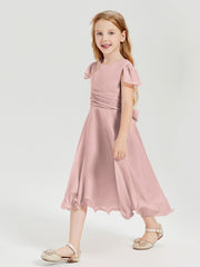 Robes de Demoiselle d'Honneur Junior en Mousseline à Longueur de Mollet Rose Poudré