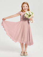 Robes de Demoiselle d'Honneur Junior en Mousseline à Longueur de Mollet Rose Poudré